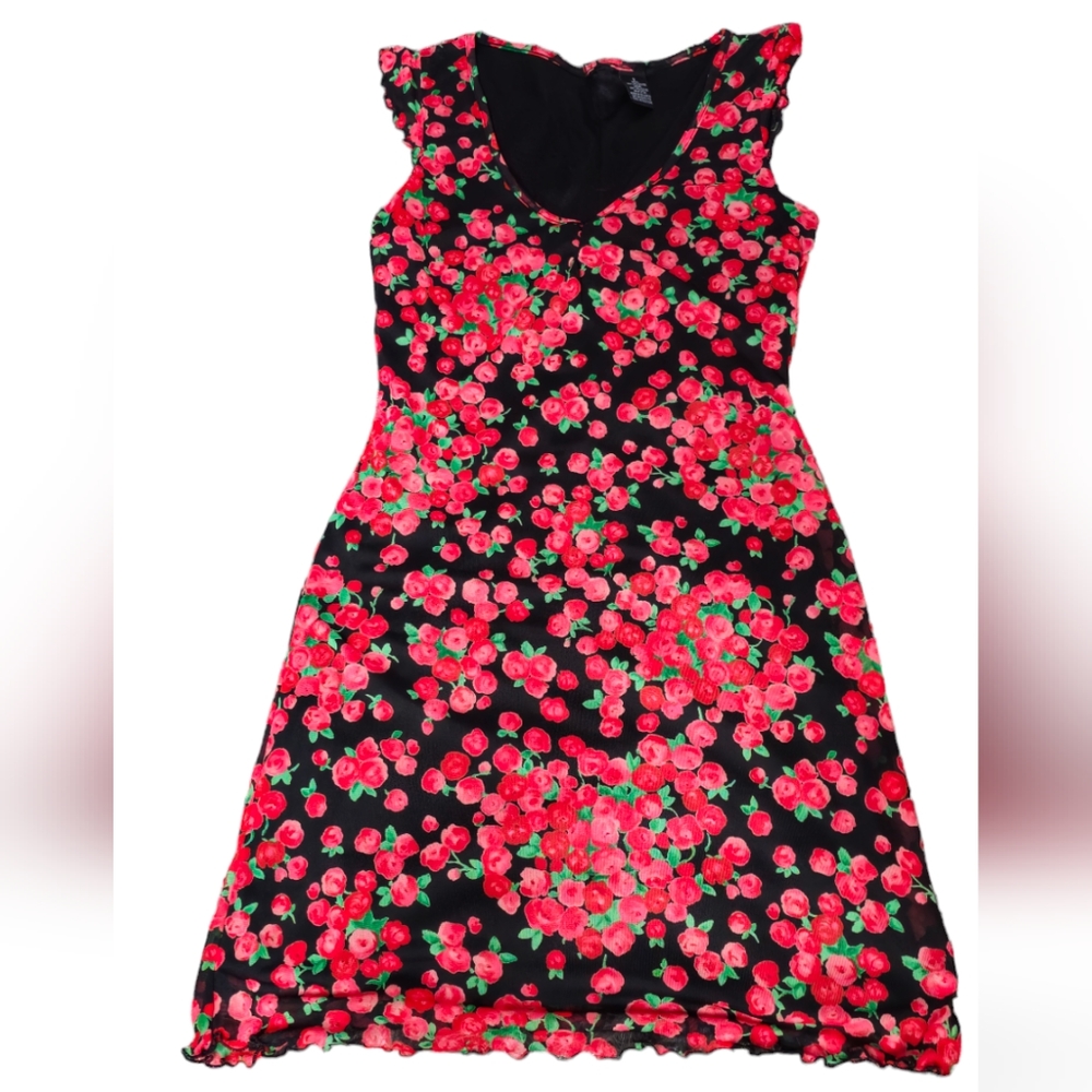 Roses & Leaves Ruffle Stretchy Feminine Cute Date Night Dress - Size: Small